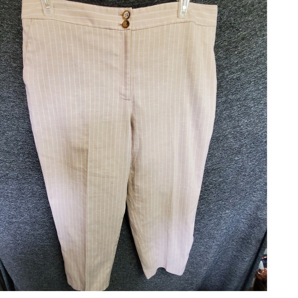 Talbots Pinstripe Linen Blend Trousers Beige White Petite Plus 16WP